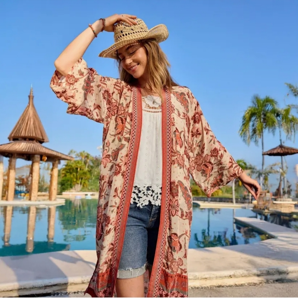 Sundance‎ Marsala Floral & Medallion Kimono Cream Peach Coral Size Small